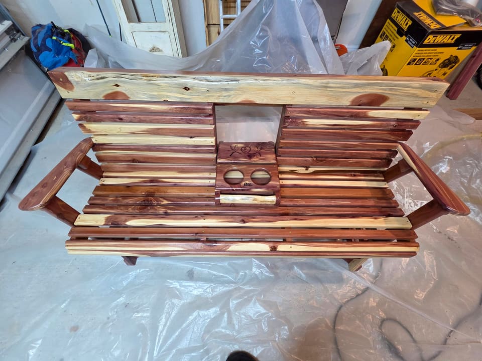 Top view of the cedar swing seat and console