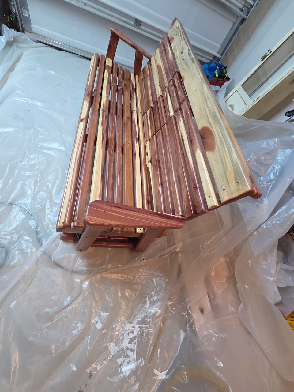 Slatted aromatic cedar bench in the workshop
