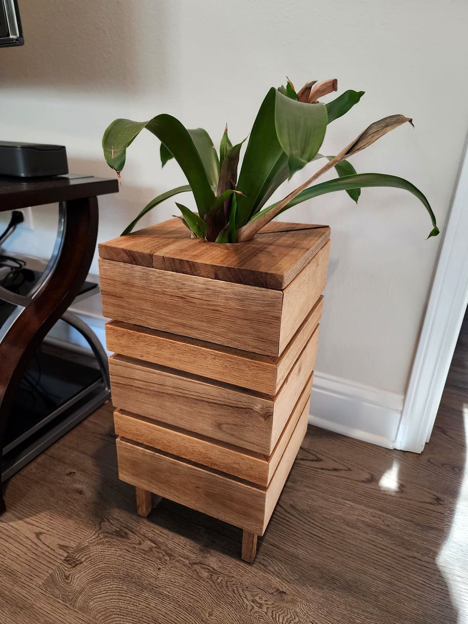 Tall slatted hardwood planter box with a plant inside