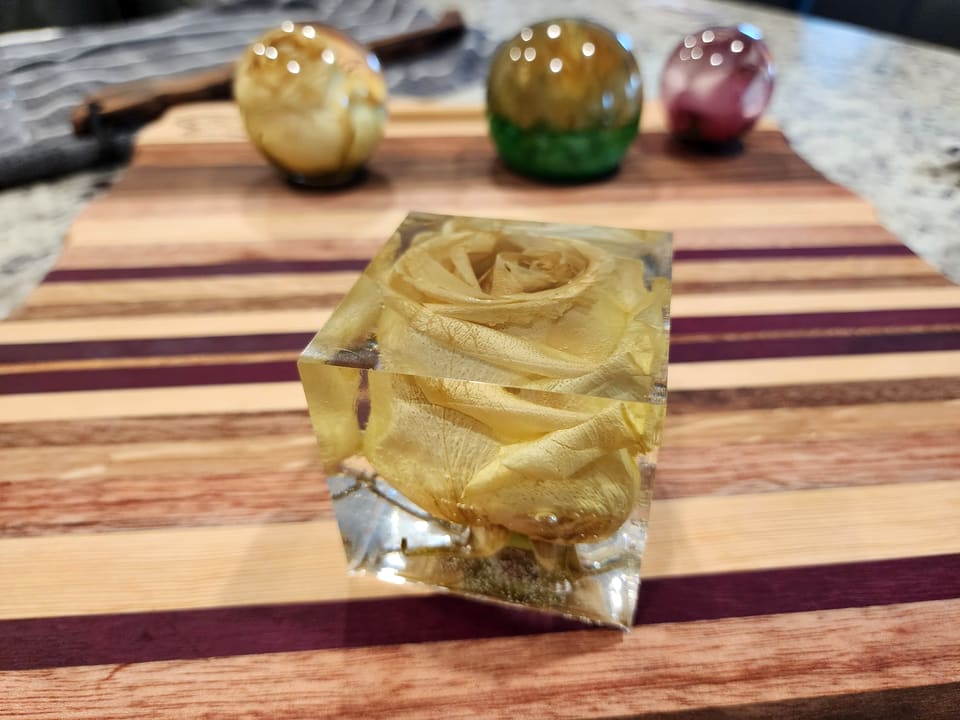 Ivory rose preserved in a clear resin cube