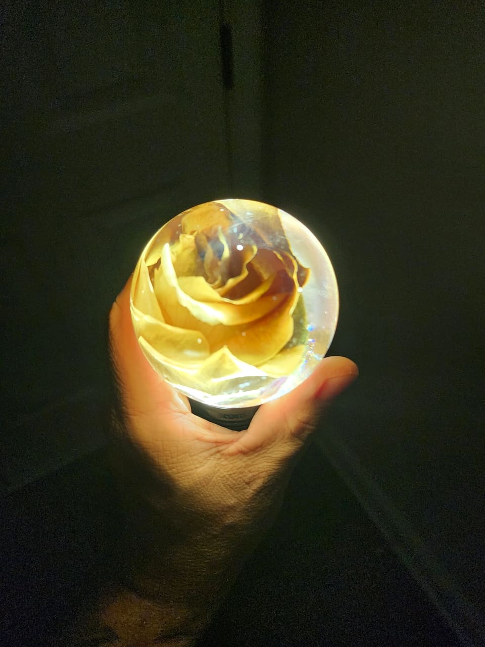 Rose resin sphere lit from behind, glowing amber