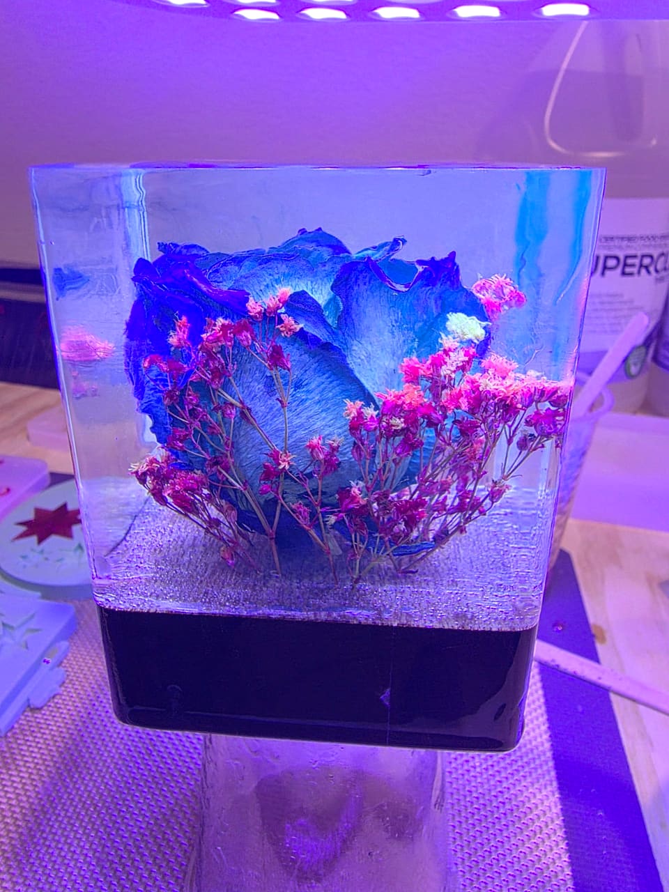 The blue rose cube lit with purple light, showing the depth of the resin